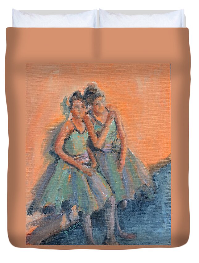 Ballet Duvet Cover featuring the painting Backstage Ballerinas by Donna Tuten