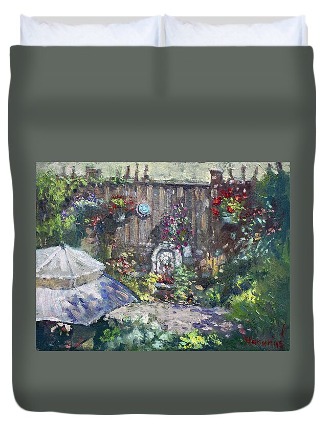 Backyard Flowers Duvet Cover featuring the painting Backyard Flowers by Ylli Haruni