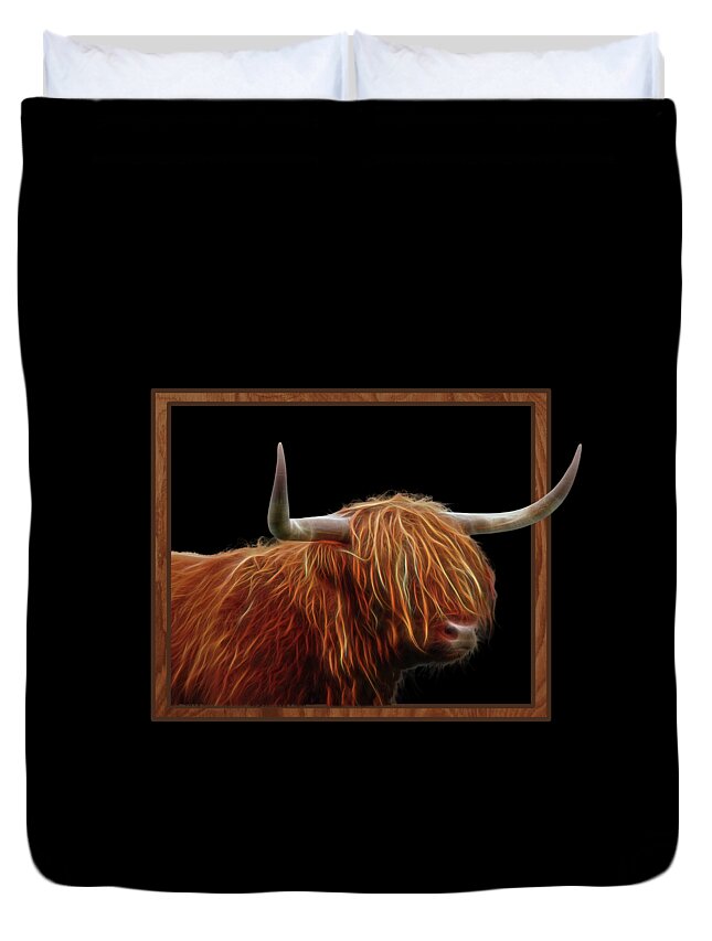 Highland Cow Duvet Cover featuring the photograph Bad Hair Day - Highland Cow - On Black by Gill Billington