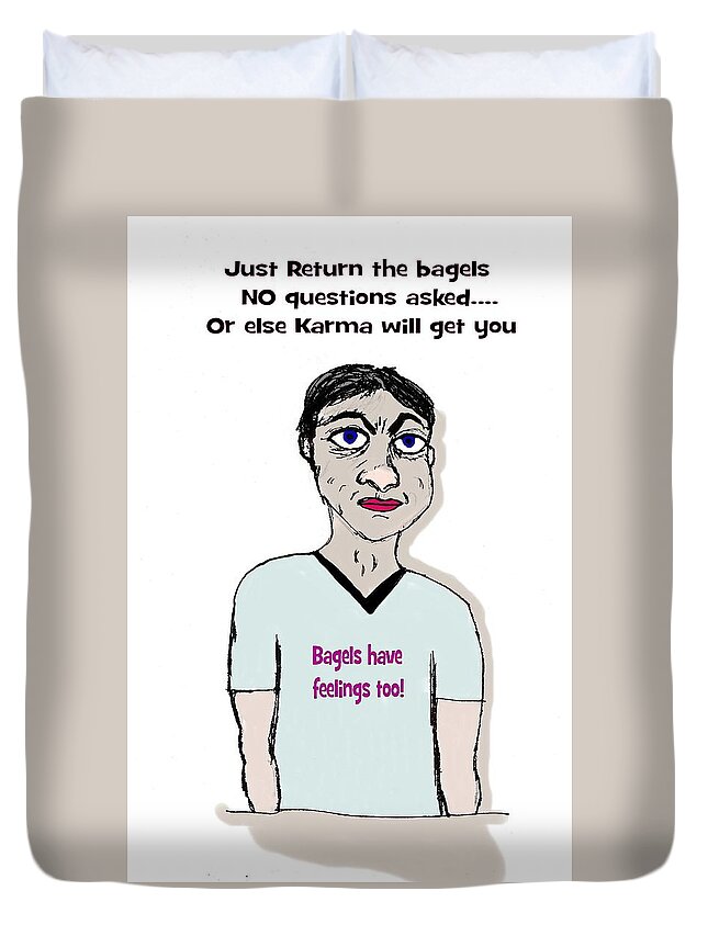 Humor Duvet Cover featuring the digital art Bagel man by Laura Smith
