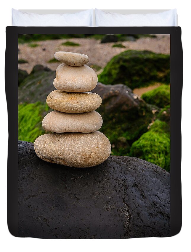 Zen Stones Duvet Cover featuring the photograph Balancing Zen Stones By The Sea V by Marco Oliveira