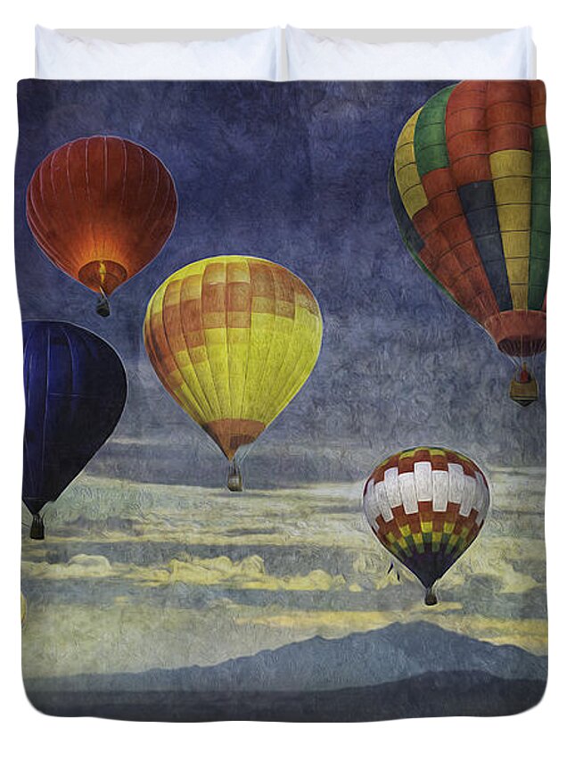 Hot Air Balloon Duvet Cover featuring the photograph Balloons Over Sister Mountains by Melinda Ledsome