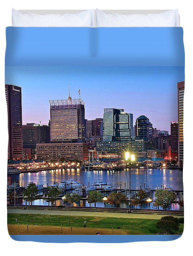 Baltimore Duvet Cover featuring the photograph Baltimore at Dusk by Frozen in Time Fine Art Photography