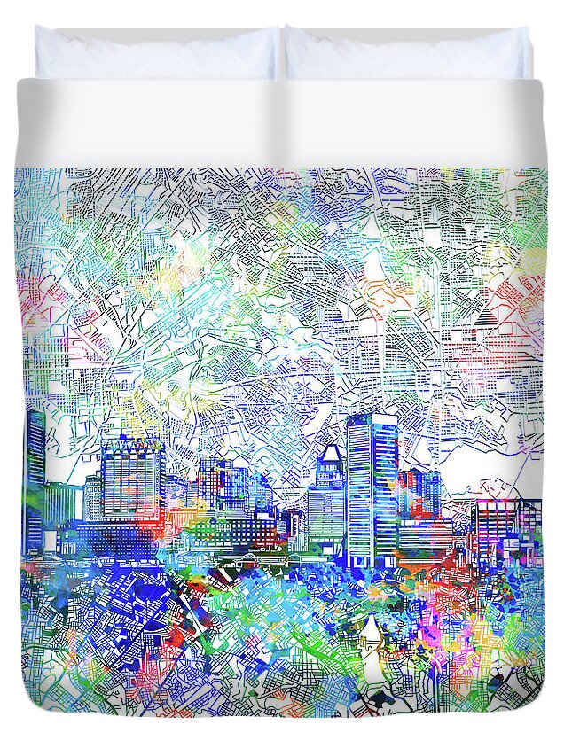 Baltimore Duvet Cover featuring the painting Baltimore Skyline Watercolor 10 by Bekim M