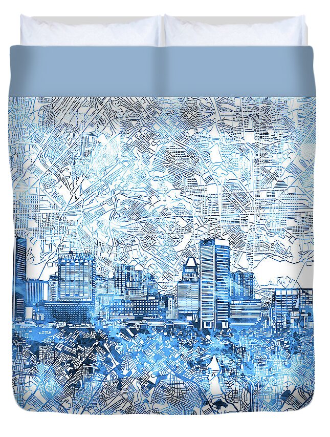 Baltimore Duvet Cover featuring the painting Baltimore Skyline Watercolor 9 by Bekim M