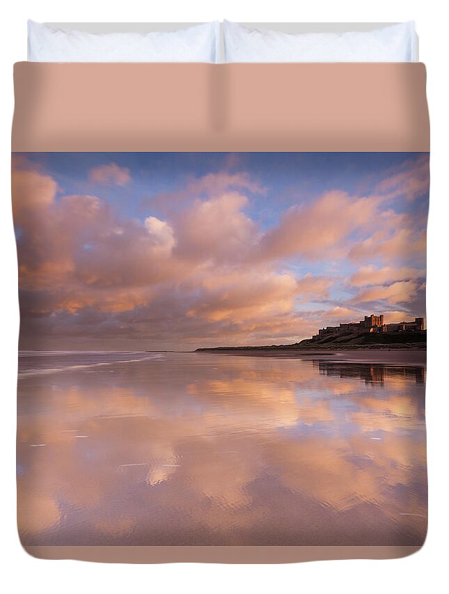 Bamburgh Castle Duvet Cover featuring the photograph Bamburgh Castle sunset reflections on the beach by Anita Nicholson