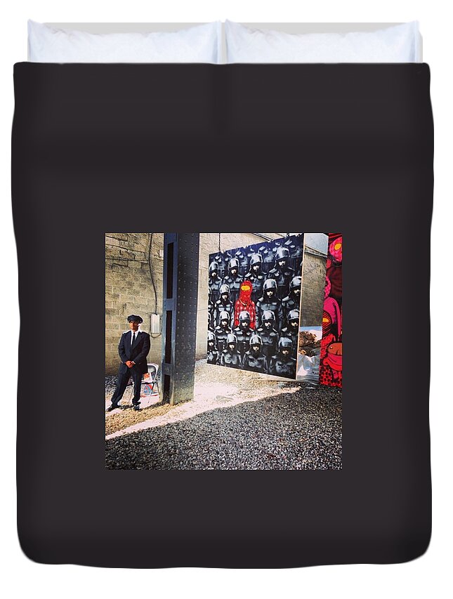 Banksy Duvet Cover featuring the photograph #banksy #streetart #betteroutthanin by Allan Piper
