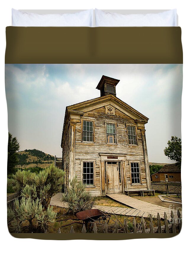 Bannack Duvet Cover featuring the photograph Bannack Montana Masonic Lodge and School House Two by Veronica Batterson