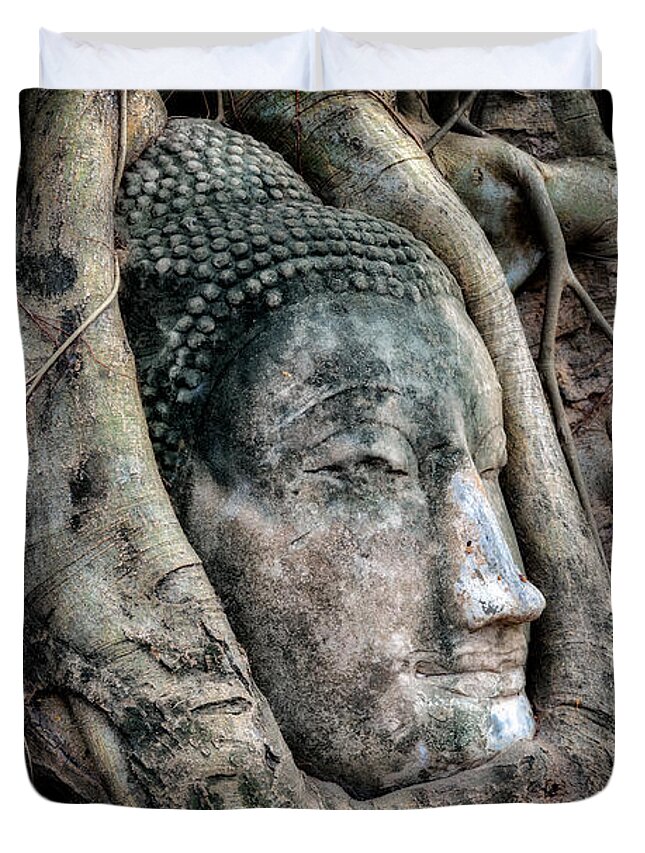 Wat Mahathat Duvet Cover featuring the photograph Banyan Tree Buddha by Adrian Evans