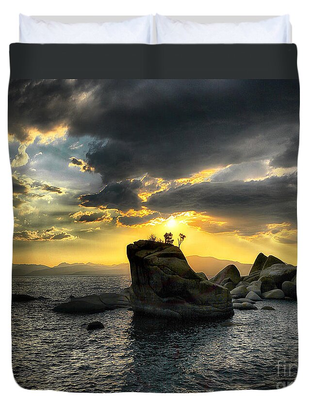 Rock Duvet Cover featuring the photograph Bonsai Rock, Lake Tahoe, Nevada by Don Schimmel