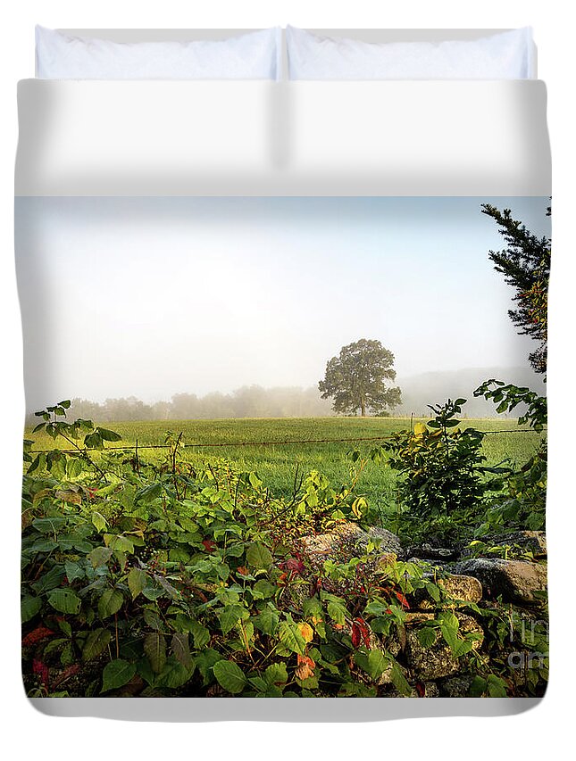 Barbed Wire Fence Duvet Cover featuring the photograph Misty Meadow by Jim Gillen