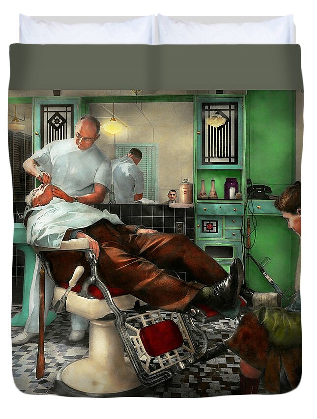 Barber Duvet Cover featuring the photograph Barber - Shave - Pennepacker's barber shop 1942 by Mike Savad