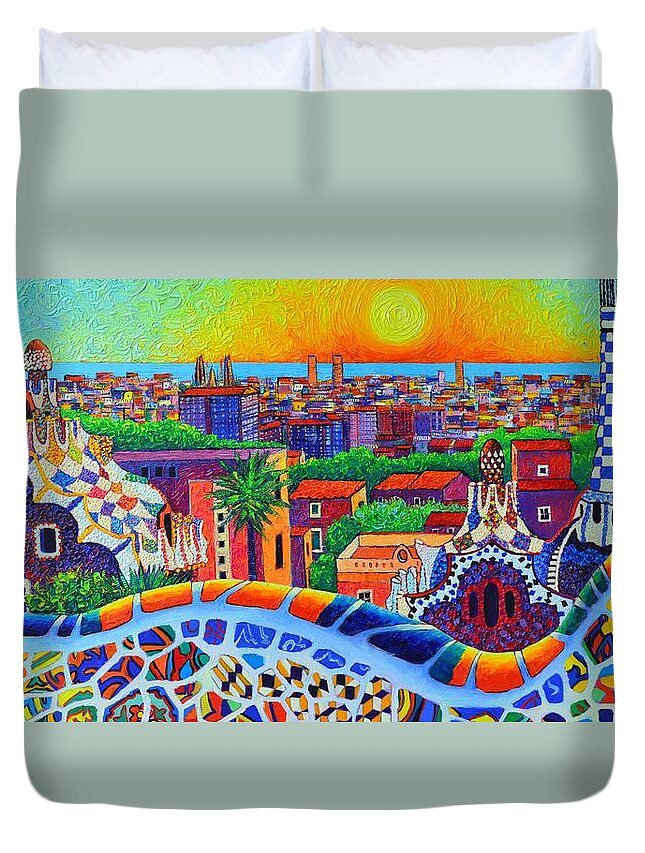 Barcelona Duvet Cover featuring the painting BARCELONA PARK GUELL SUNRISE modern impressionism palette knife oil painting by Ana Maria Edulescu by Ana Maria Edulescu