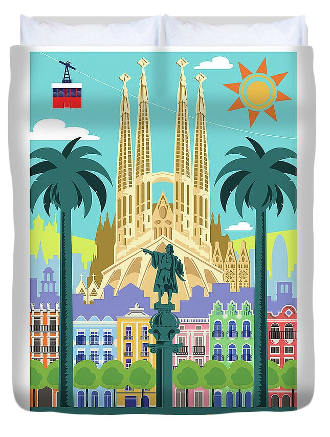 #faatoppicks Duvet Cover featuring the digital art Barcelona Poster - Retro Travel by Jim Zahniser