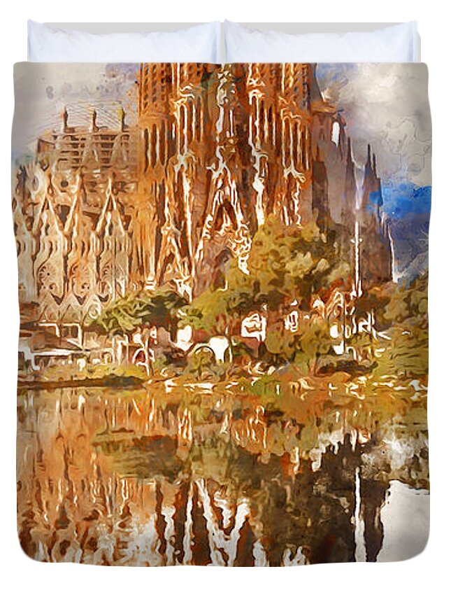 Sagrada Familia Duvet Cover featuring the painting Barcelona, Sagrada Familia - Watercolor 04 by AM FineArtPrints