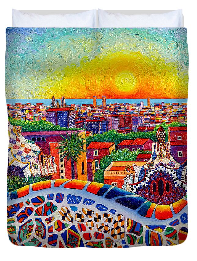 Barcelona Duvet Cover featuring the painting BARCELONA SUNRISE COLORS FROM PARK GUELL modern impressionism knife oil painting Ana Maria Edulescu by Ana Maria Edulescu