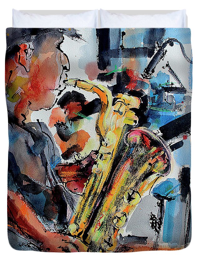 Music Duvet Cover featuring the painting Baritone Saxophone Mixed Media Music Art by Ginette Callaway