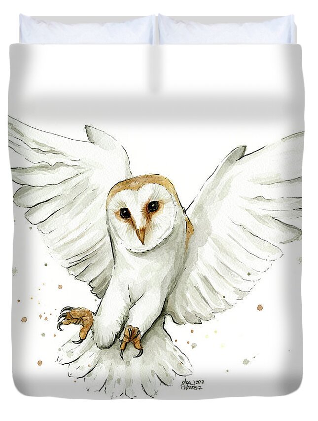 Owl Duvet Cover featuring the painting Barn Owl Flying Watercolor by Olga Shvartsur