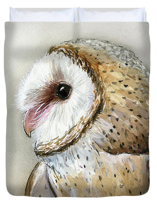 Owl Duvet Cover featuring the painting Barn Owl Watercolor by Olga Shvartsur