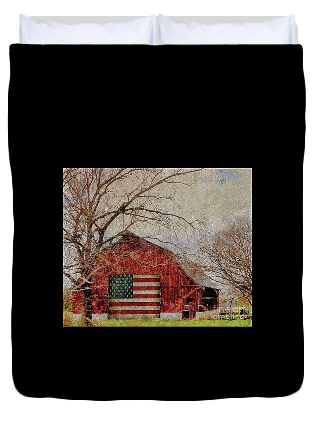Barn Duvet Cover featuring the photograph Barn with Flag in Winter by Janette Boyd