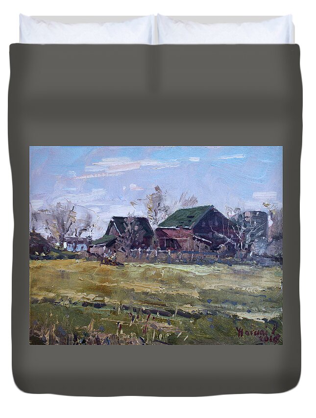 Barns Duvet Cover featuring the painting Barns in Niagara County by Ylli Haruni