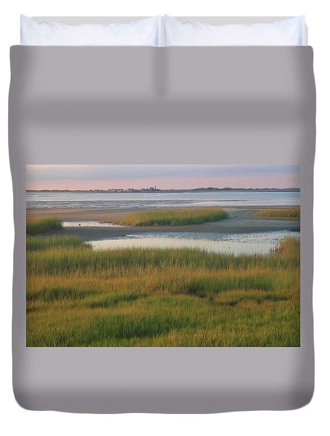 Cape Cod Duvet Cover featuring the photograph Barnstable Harbor Marsh Grasses and Sandy Neck Lighthouse by John Burk
