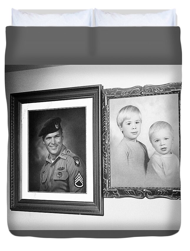 Barry Sadler In Green Beret Uniform And Sons Thor And Baron Tucson Arizona 1971 Duvet Cover featuring the photograph Barry Sadler in Green Beret uniform and sons thor and Baron Tucson Arizona 1971 by David Lee Guss