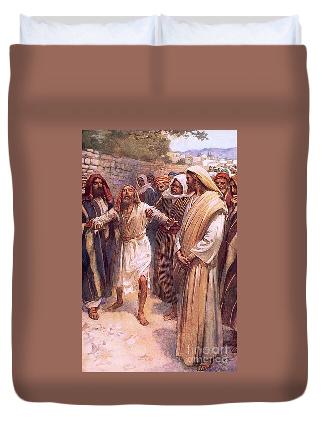 Bible Duvet Cover featuring the painting Bartimaeus by Harold Copping