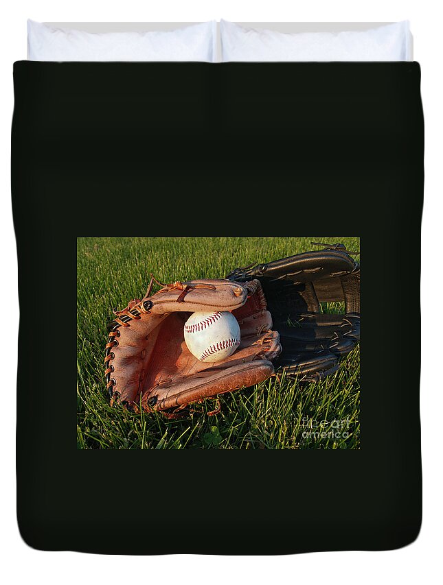 Baseball Duvet Cover featuring the photograph Baseball Gloves After the Game by Anna Lisa Yoder