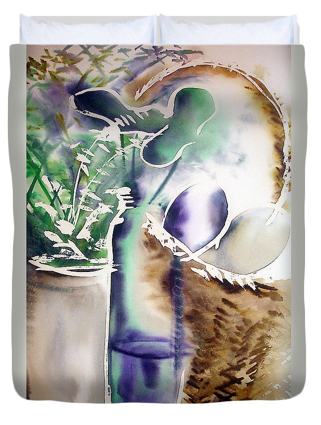 Bottle Duvet Cover featuring the painting Basket and Bottle by Allison Ashton