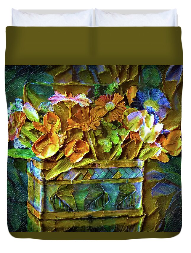 Basket Of Flower Duvet Cover featuring the mixed media Basket of flowers by Lilia S