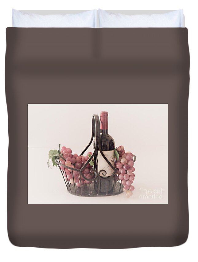 Wine Duvet Cover featuring the photograph Basket of Wine and Grapes by Sherry Hallemeier