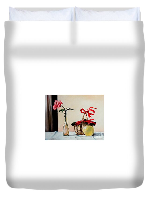 Rose Duvet Cover featuring the painting Basket with rose and apple by Christopher Shellhammer
