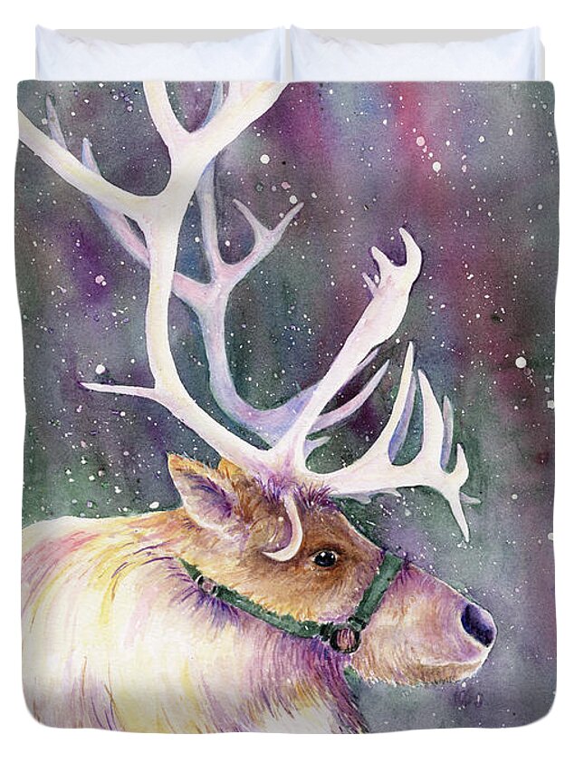 Reindeer Duvet Cover featuring the painting Basking in the Lights by Lori Taylor