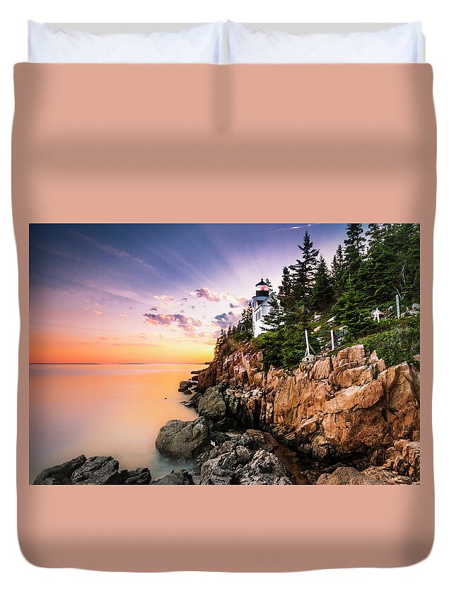 Sunset At Bass Harbor Lighthouse In Acadia Maine Duvet Cover featuring the photograph Bass Harbor Lighthouse Sunset by Ranjay Mitra
