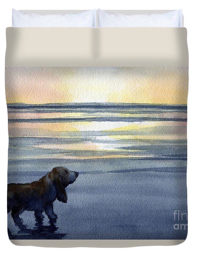 Basset Hound Duvet Cover featuring the painting Basset Hound Sunset by David Rogers