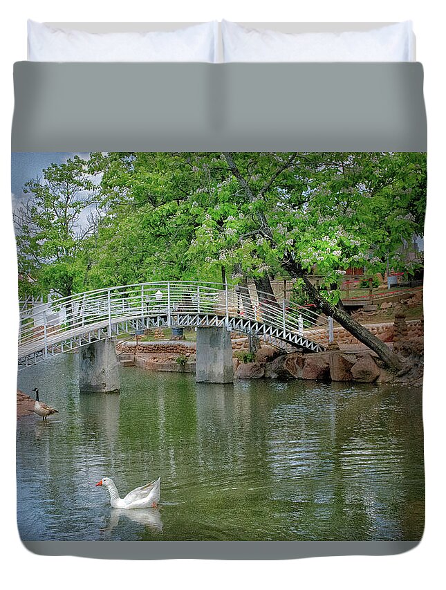 Medicine Park Duvet Cover featuring the photograph Bath Lake Bridge by Jolynn Reed