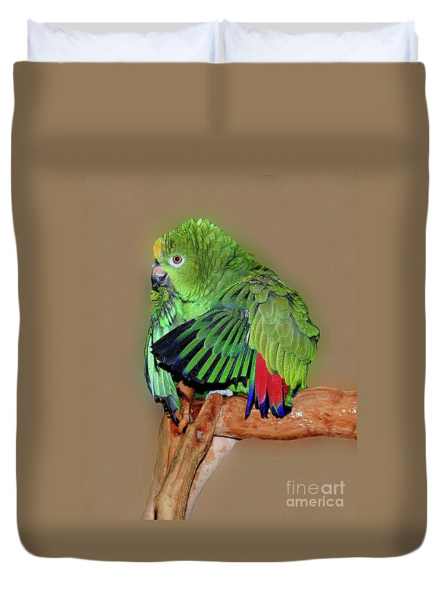 Parrot Duvet Cover featuring the photograph Bathing Beauty Amazon Parrot by Smilin Eyes Treasures
