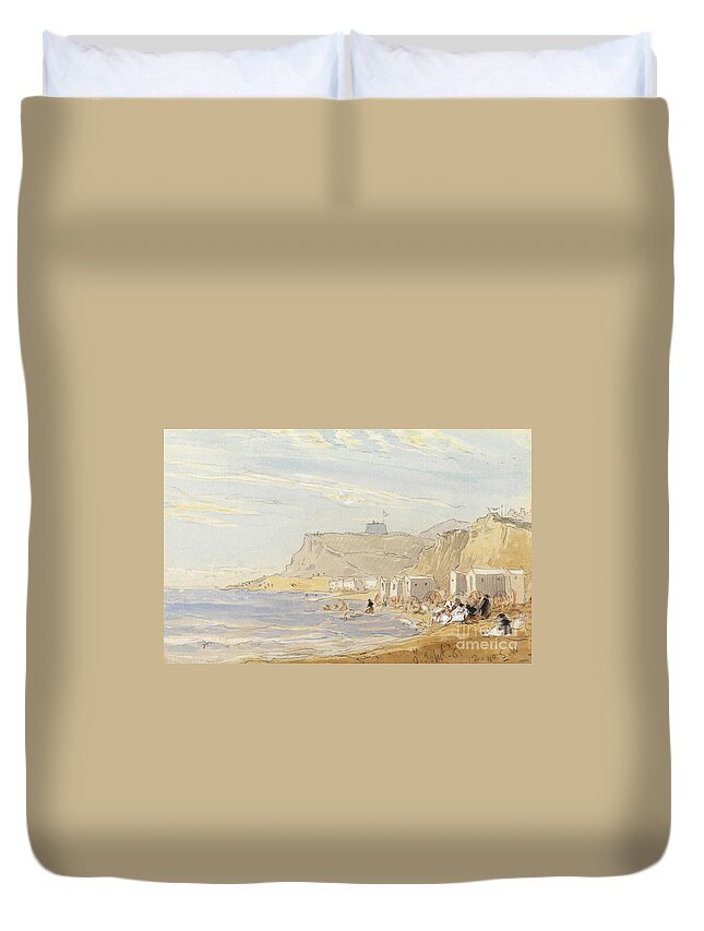 James Holland Bathing Huts On The Beach At Eastbourne. Sea Duvet Cover featuring the painting Bathing Huts On The Beach At Eastbourne by MotionAge Designs