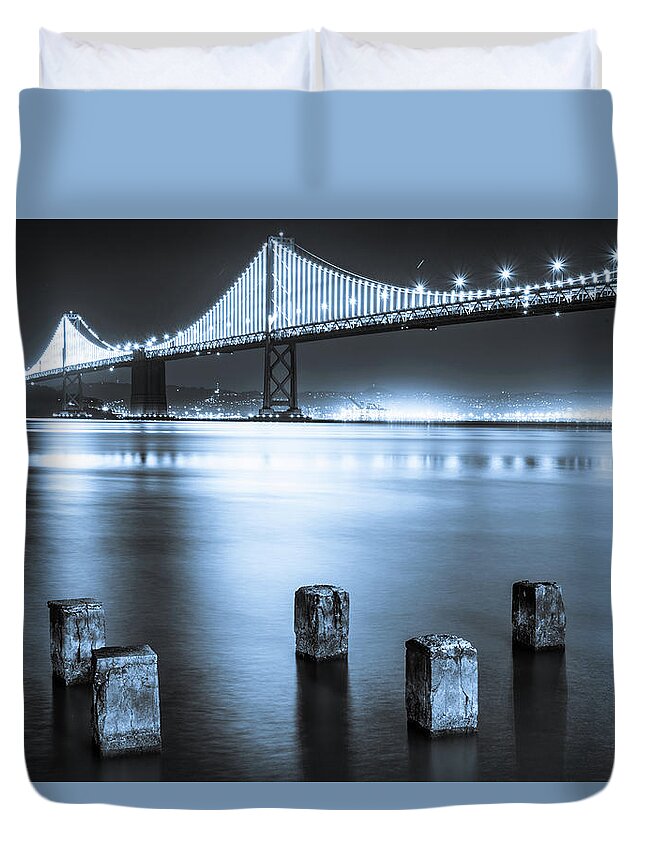Bay Bridge Duvet Cover featuring the photograph Bay Bridge 1 in blue by Stephen Holst