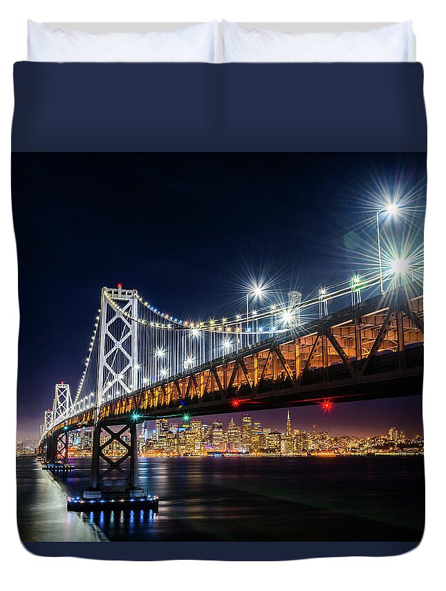 Bay Area Duvet Cover featuring the photograph Bay Bridge and San Francisco By Night 4 by Jason Chu
