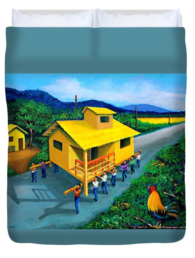 Bayanihan Duvet Cover featuring the painting Bayanihan by Cyril Maza