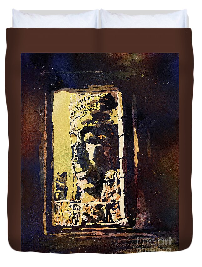 Architecture Cambodia Duvet Cover featuring the painting Bayon III- Cambodian Ruins, Angkor Wat by Ryan Fox