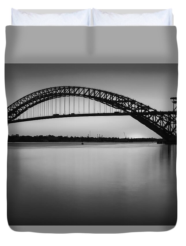 Bayonne Duvet Cover featuring the photograph Bayonne Bridge Sundown BW by Susan Candelario
