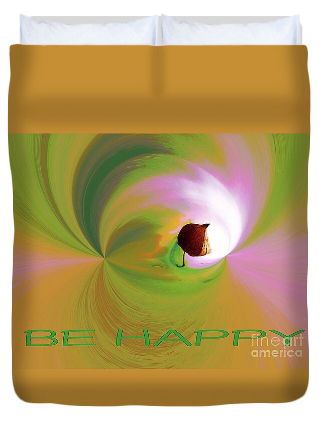 Be Happy Duvet Cover featuring the digital art Be Happy, Green-pink with Physalis by Eva-Maria Di Bella