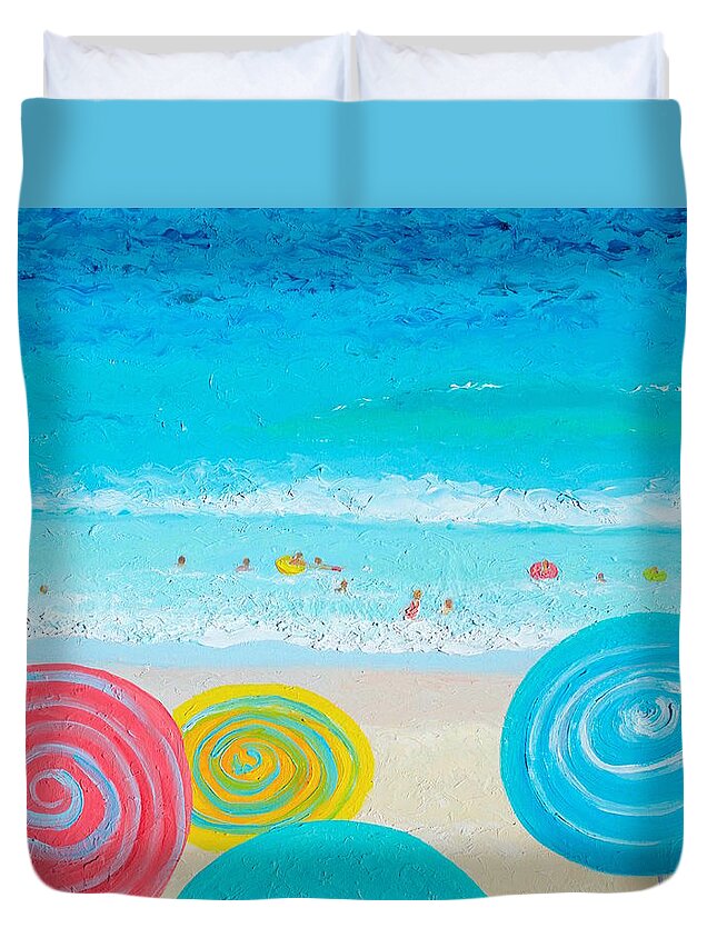 Beach Duvet Cover featuring the painting Beach Art - Lollipop umbrellas by Jan Matson