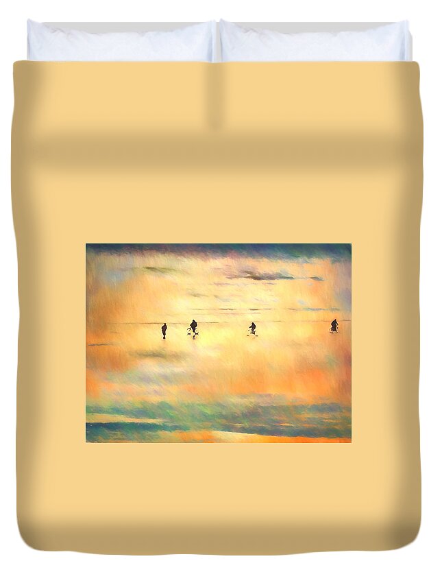Sunset Duvet Cover featuring the photograph Beach Bike by Kathy Bassett
