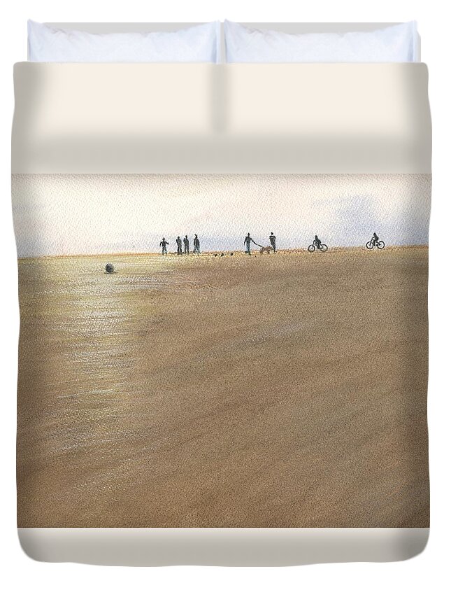 Beach Duvet Cover featuring the painting Beach Bocce Bikes by Peter Senesac