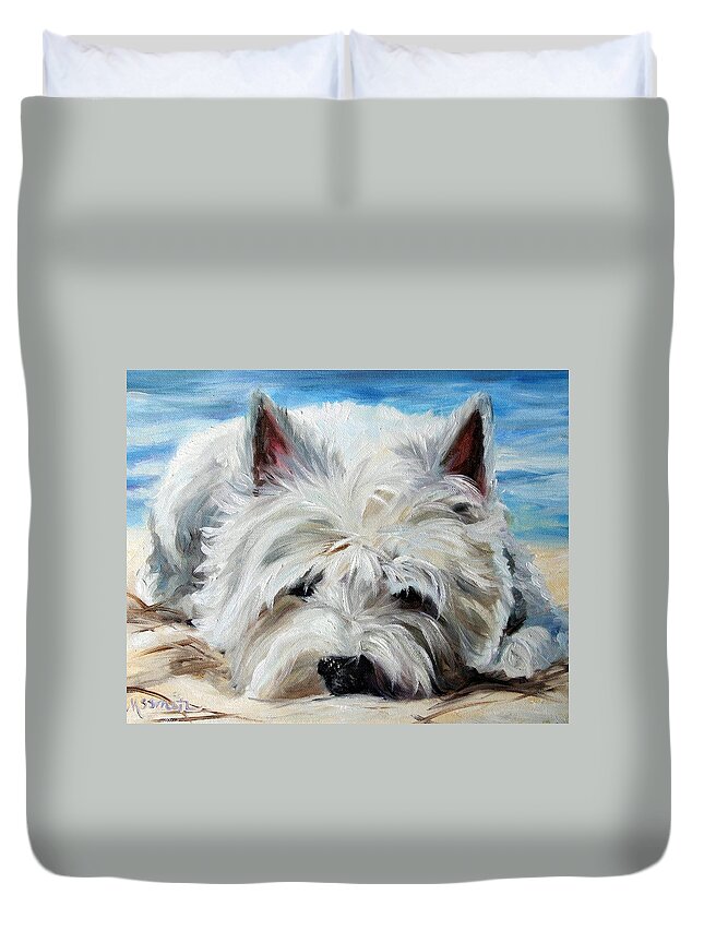 Art Duvet Cover featuring the painting Beach Bum by Mary Sparrow
