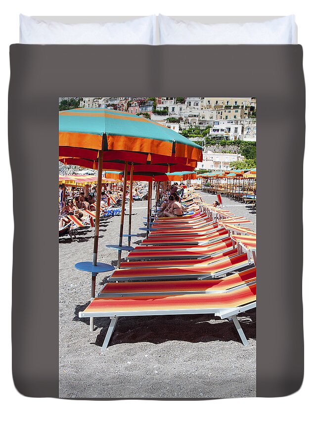 Beach Scene Duvet Cover featuring the photograph Beach Chair Row by Sally Weigand